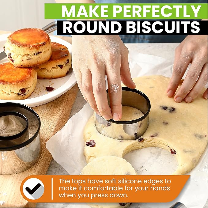 Spring Chef Stainless Steel Dough Blender & Biscuit Cutter Set for Baking | Heavy Duty Large Pastry Blender with Soft Grip Handle & Professional Cookie Cutter Set of 4, Dishwasher Safe, Black