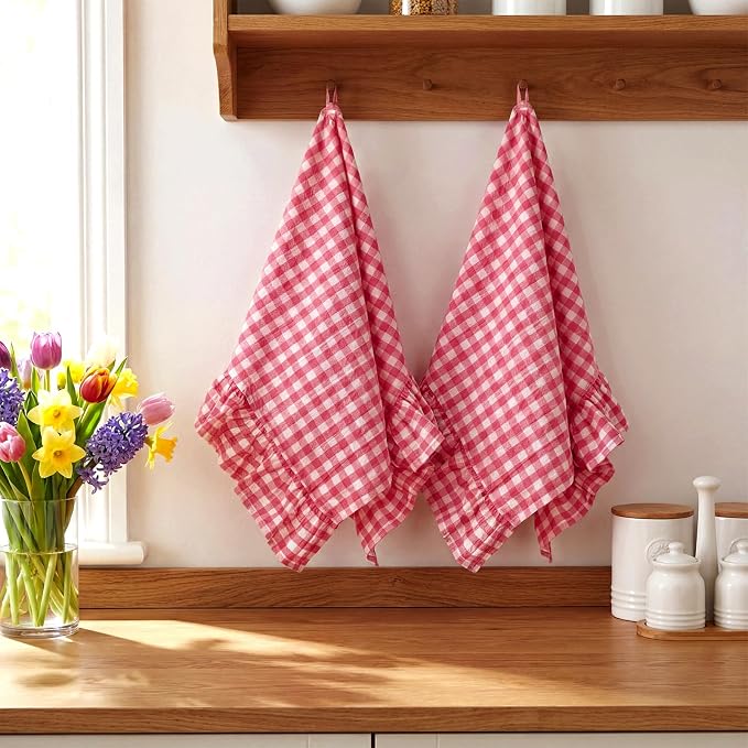 HunnmingRe 2 Pcs Watermelon Pink Gingham Kitchen Towels Cotton Ruffled | Checked Dish Towels 18"x28" Tea Cloths Plaid Cottage Core Kitchen Decor for Farmhouse Charm Drying Dishes Entertaining Guests