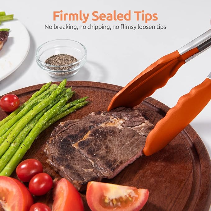 U-Taste Kitchen Tongs for Cooking, 600ºF Heat-Resistant Tps, 2Pcs/Orange | Silicone Tong Set 9/12in, Salad/Grill/BBQ Plastic Tong for Food Serving, Rubber Tipped Tong with 18/8 Stainless Steel Handle