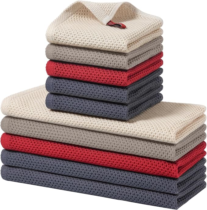 Homaxy 10 Pack 100% Cotton Kitchen Towels and Dishcloths Set, Mixed Color | 12 x 12 Inches and 13 x 28 Inches Kitchen Towels Set, Ultra Soft Absorbent Dish Cloths for Washing Dishes