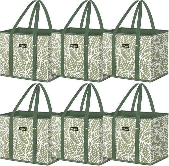 BALEINE 6PK Reusable Grocery Bags, Heavy Duty Shopping Tote Bag | 12'' Long Handles, Reinforced Bottom Keeps Upright, Fold Flat Storage, Water-Resistant Shopping Bag, Multiple Color Options