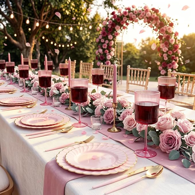 Ciaell 12 Pack Pink Plastic Wine Glasses for Weddings Outdoor Gatherings | 10 oz Pink Ribbed Square Stemmed Cups, Heavy Duty Plastic, Champagne Wine Cocktails Beverages for Parties Birthdays Dinners