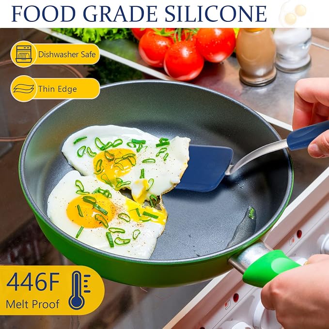 Silicone Cookie Spatula Turner 2 Pack Mini Brownie Spatula Flexible Kitchen Small Silicone Turner for Nonstick Cookware Heat Resistant No Scratch Flipper for Egg(Solid Flat,Gray, Blue)