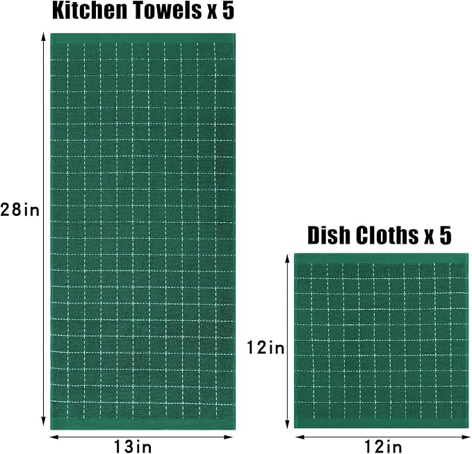 Homaxy Kitchen Towels and Dishcloths Set, Set of 10, Dark Green | Bulk Cotton Terry Kitchen Towels, Checkered Designed, Soft and Super Absorbent Dish Towels, 12 x 12 and 13 x 28 Inches