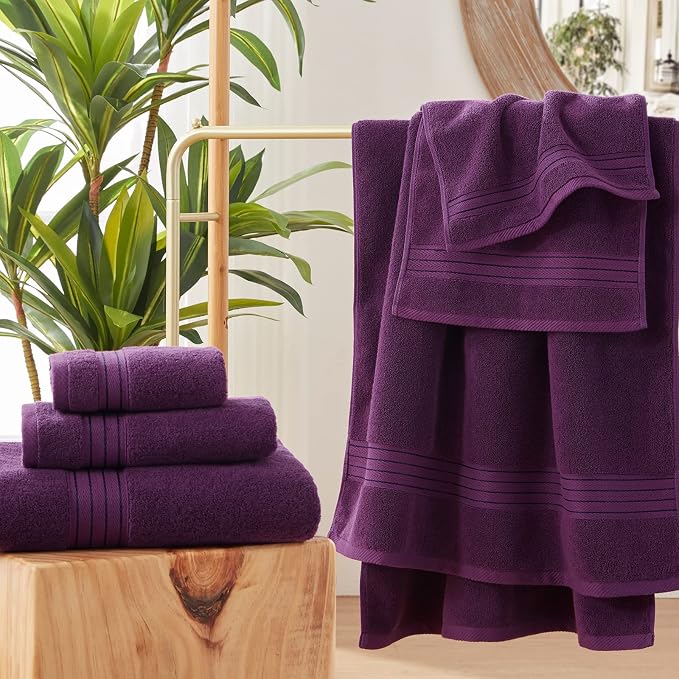 COZYART Luxury Bath Towel Set 3 PCS, Purple 100% Turkish Cotton 650 GSM | OEKO-Tex 100 Certified Zero Twist Ring Spun, Soft Absorbent Quick Dry, Plush Fluffy, Breathable Hotel Quality for Daily Use