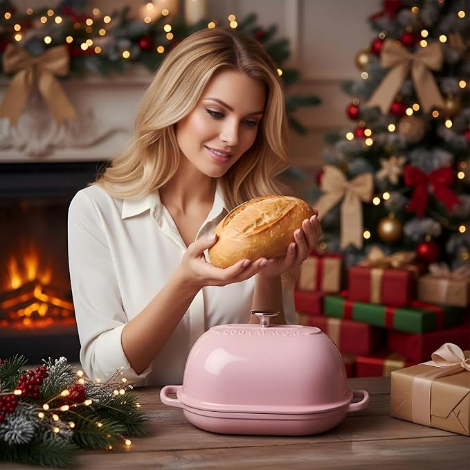 Cast Iron Bread Oven,6 QT Bread Oven,Thick Enameled Loaf Pan with Lid,Bread Pans for Homemade Bread,14.5"Dutch Oven for Bread Baking,Dutch Oven-with Silicone Baking Mat&Recipe,Gifts for Family,Pink