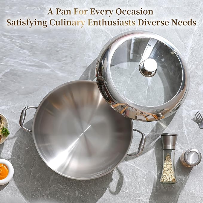 DELARLO Tri-Ply Stainless Steel Wok Pan with Lid 14inch, Healthy Non-Toxic Flat Bottom Induction Wok, Stir Fry Pan for Glass Top Stove Up to 600℉(Not Including Lid