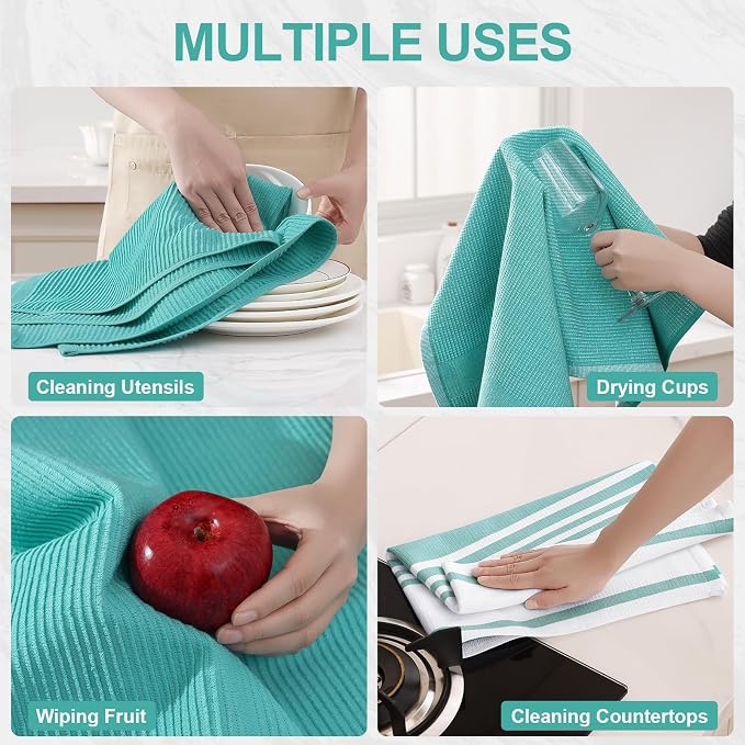 Homaxy Cotton 380 GSM Premium Kitchen Towels, 18"x 28", 6 Pack, Teal | Soft and Absorbent Terry Dish Towels, Multipurpose Tea Towel Set with Hanging Loop, 3 Styles Kitchen Hand Towels