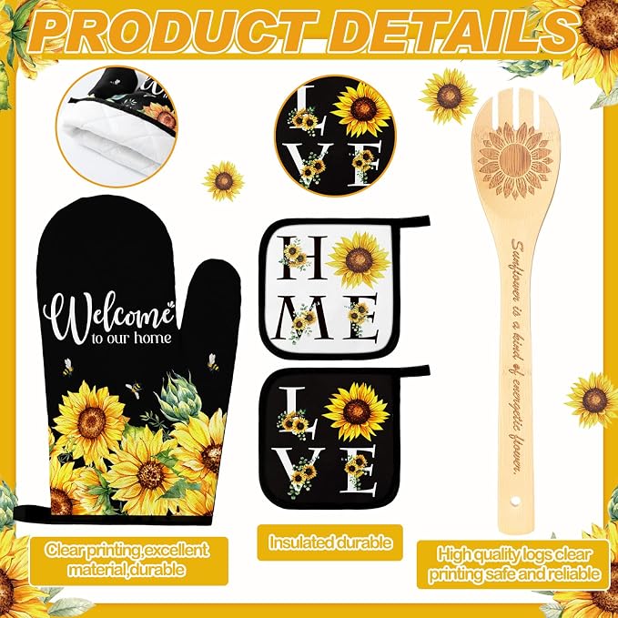 Bencailor 13 Pcs Sunflower Kitchen Decor Black and White Flower Apron Dish Towels Oven Mitt and Pot Holder Set Sunflower Kitchen Accessories for Farmohouse Home Decor