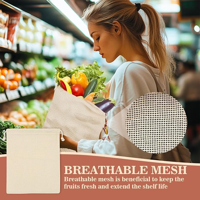 MAQIHAN Reusable Cotton Mesh Produce Bags - 6 Pack Mesh Storage Produce Bag | Durable Double Stitched Bags with Drawstring for Vegetables, Fruit and Grocery Shopping, 2L, 2M and 2S
