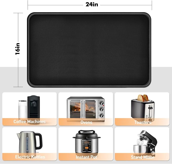 Non-slip Air Fryer Mats for Countertop, 2mm Thick, 24x16 in, Black | 1022°F Fireproof mat, heat resistant mats for countertop, non-slip silicone bottom, air fryer accessories for ninja, cosori