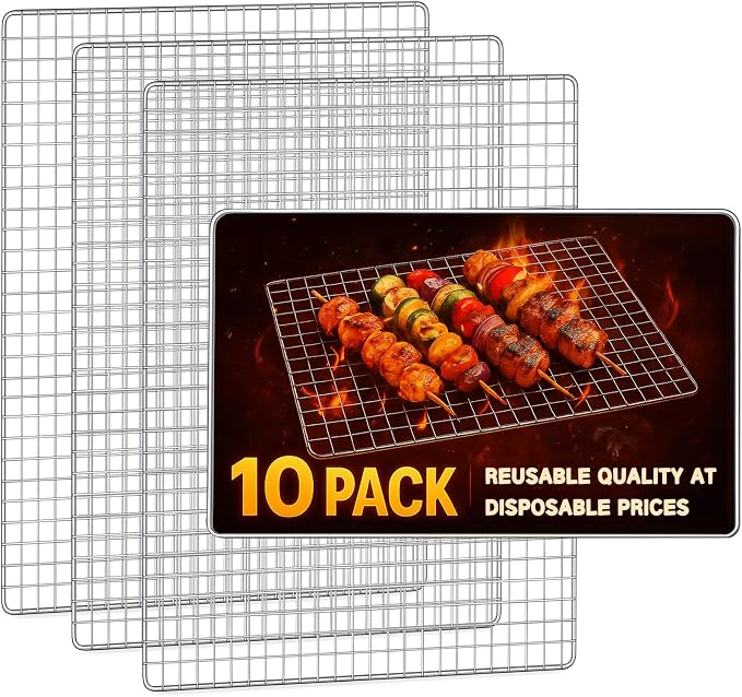 Grill Topper, 10 Pcs Disposable Grill Grates, 11.8 x 15.7 Inch Baking Rack | Toss after one cook, no scrub brush, fine grid holds small bites, galvanized iron mesh fits charcoal, gas, smoker grates