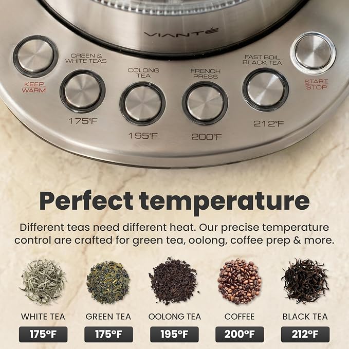 Viante Alba Electric Tea Kettle With Infuser, No Plastic, 1.5L | Borosilicate glass & 304 stainless steel construction. 4 temp presets, keep-warm, cordless, auto shut-off