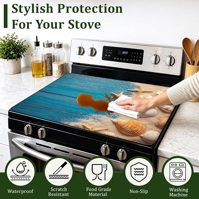 Beach Seashells Starfish Stove Top Cover Glass Cooktop Heat Resistant Cover,Ceramic Stove Top Covers Mat Prevents Scratching Stoves/Counter/Washer Protector,28.5x20.5 in