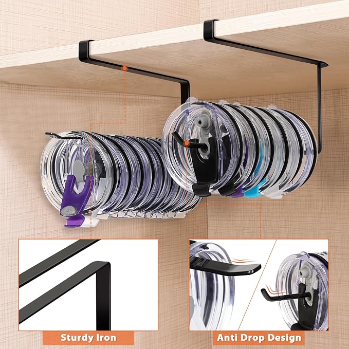 2 Pack Tumbler Lid Organizer, Versatile Storage Holds 20 Lids, Round&Flat | Space Saving Cup Lid Organizers Inside Cabinet Tumbler Lid Hook for Pantry Kitchen Organizer, Paper Towel Rack Hanger, Black