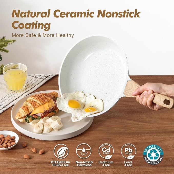 SENSARTE Ceramic Nonstick Frying Pan Skillets, White (8+10 Inch) | Healthy ceramic nontoxic coating, PTFE & PFAS free. Compatible with all stoves including induction cooktops. Easy to clean.