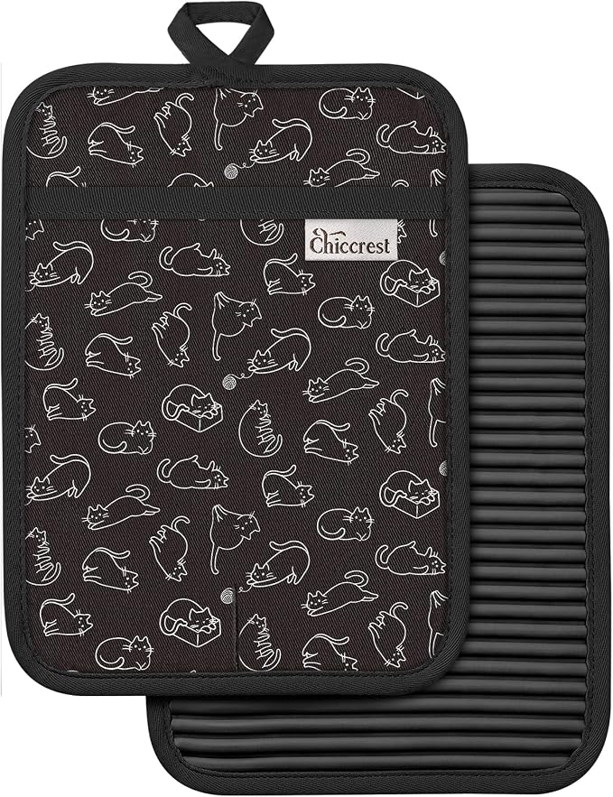 100% Thick Cotton Pot Holders Ribbed Soft Silicone Cute Cats | Stylish Pot Holders with Pockets, Ribbed Soft Silicone, Machine Washable Non-Slip Heat Resistant Hot Pads 2pcs, Kitchen Gift