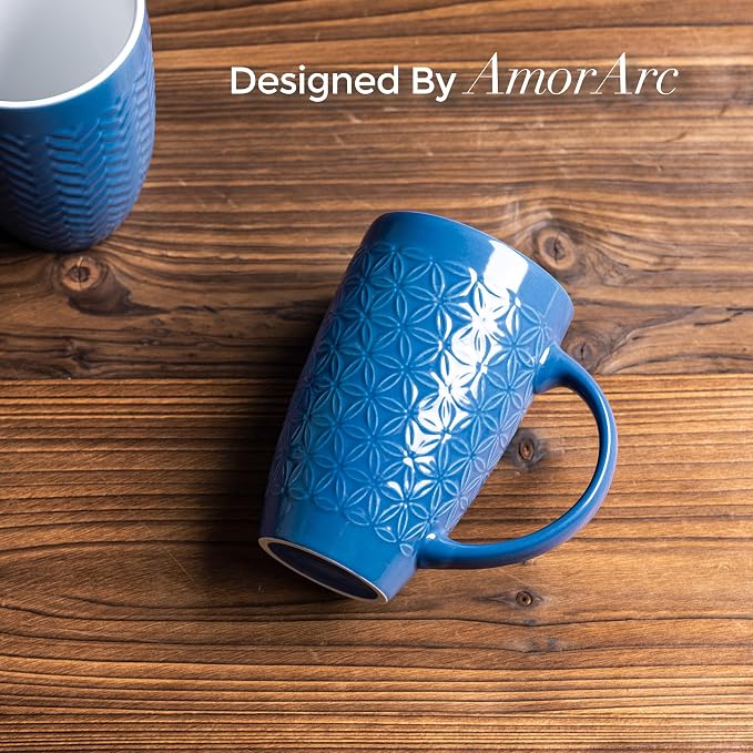 AmorArc 20 oz Large Coffee Mugs Set of 6, Blue Ceramic Tall Coffee Cups | 3 Assorted Designs, Embossed Ceramic Coffee Mugs with Large Handle for Coffee/Tea/Cappuccino, Dishwasher&Microwave Safe
