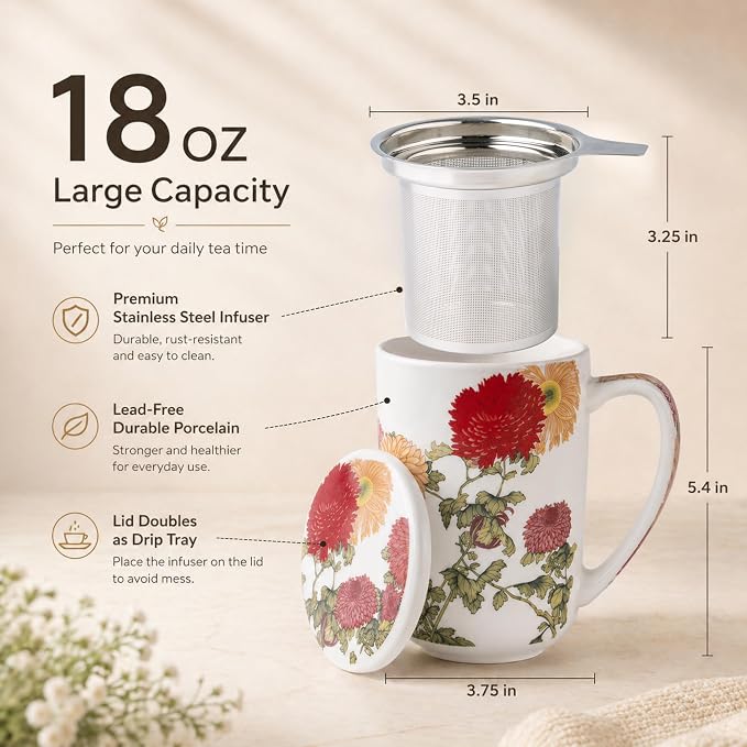 AmorArc Tea Cup With Infuser and Lid, 18oz Loose Leaf Tea Mug With Steeper | Porcelain Tea Mug With Infuser and Lid, Large Strainer Tea Cup with Lid for Tea, Coffee Mug for House-warming Birthday Gift