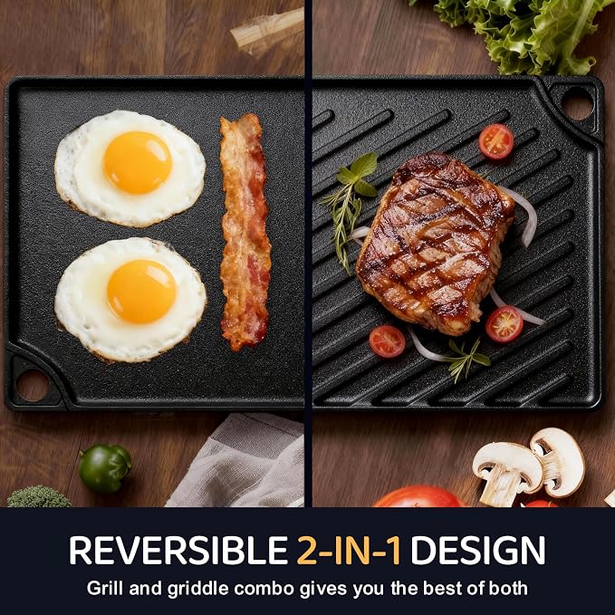 EWFEN Reversible Grill/Griddle, 16.7x9.5'' Pre-Seasoned Cast Iron Griddle Pan, Double Burner Cookware, Rectangular Stovetop Griddle with Handles, Flat Top Plate for Oven, Grill & Campfire