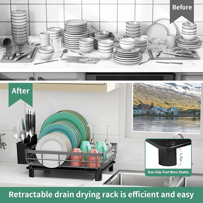 MOUKABAL Dish Drying Rack with Drainboard for Kitchen Counter, Grey | 13×17 Large Capacity/Rustproof Stainless Steel/Fast Drainage Dish Drainer/Removable Utensil Holder/Kitchen Counter Organizer