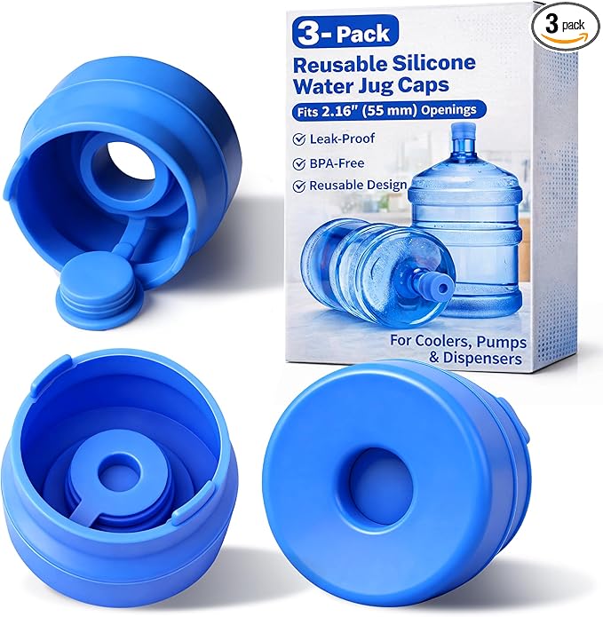 5 Gallon Water Jug Caps, 3 Pack, Fits 55mm Openings, Non-Spill Lids | 2-5 Gal Bottles, Reusable Silicone Water Bottle Caps, Refill Transport, Water Cooler Use, Bottle Pump Use, Side Pull Tabs