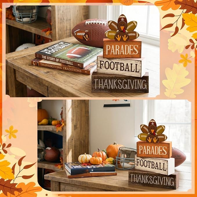 Lineshading 4 Pcs Thanksgiving Football Block Signs Wooden Farmhouse Decor | Rustic Turkey Design, Tiered Tray Decor, Tabletop Centerpiece, Seasonal Display, Gift for Fall Football Gatherings