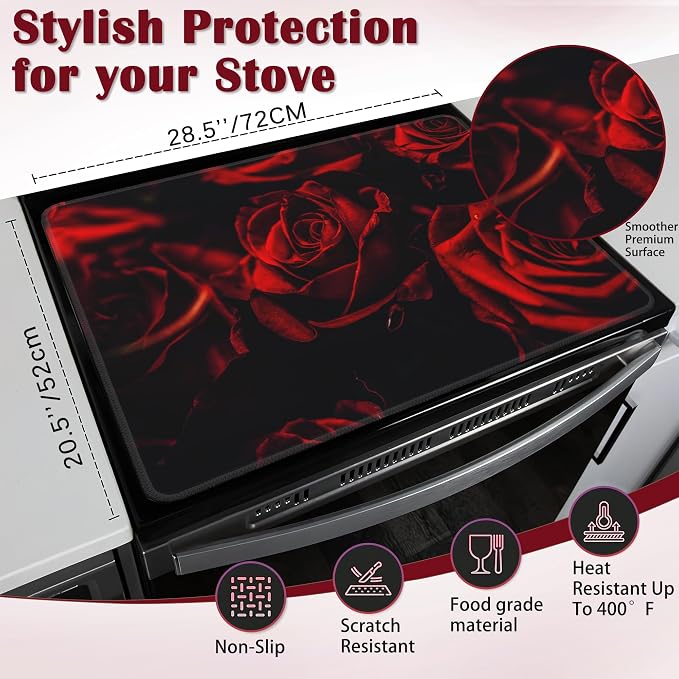 Rose Stove Top Cover for Electric, Abstract Red Rose and Black Leaves Glass Ceramic Stove Cover, Heat Resistant Flat Stovetop Protector, Dish Drying Mats for Kitchen