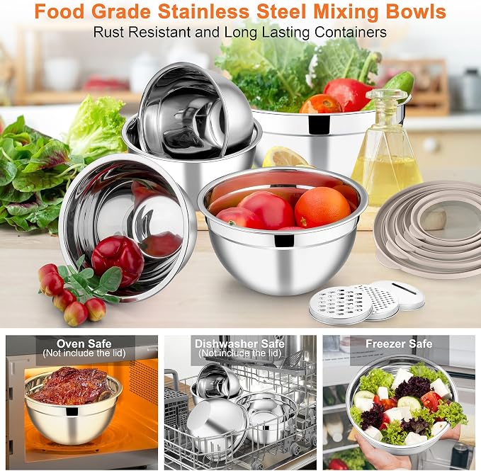 E-far Mixing Bowls Set of 5, Stainless Steel Salad Mixing Bowl with Transparent Lid, Metal Nesting Bowl Attach with 3 Graters for Kitchen Prepping/Serving/Baking/Storage, 4.6/2.6/1.5/1/0.7 QT - Khaki