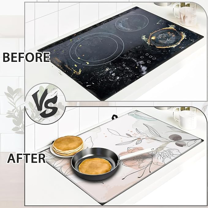 Floral Leaves Line Art Stove Top Cover for Electric Stove,Extra Thick Natural Rubber Glass Top Protector,Prevents Scratching,Expands Usable Space 28x 20