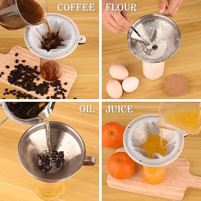 WMKGG 304 Stainless Steel Funnel, 5 Inch Funnels for Kitchen Use Filling Bottles, with 200 Mesh and 100 Mesh Fine Mesh Strainer, for Oils, Juice, Wine, Coffee, Milk, Tea, Powder