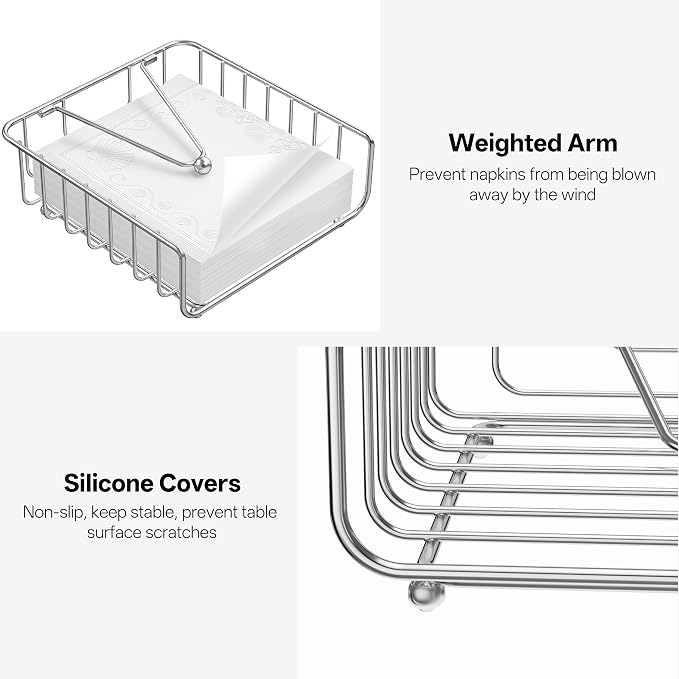 Napkin Holder for Table with Weighted Arm, Dinner Metal Flat Napkin Holders for Paper Napkins, Outdoor Napkin Dispenser Restaurant (Silver)