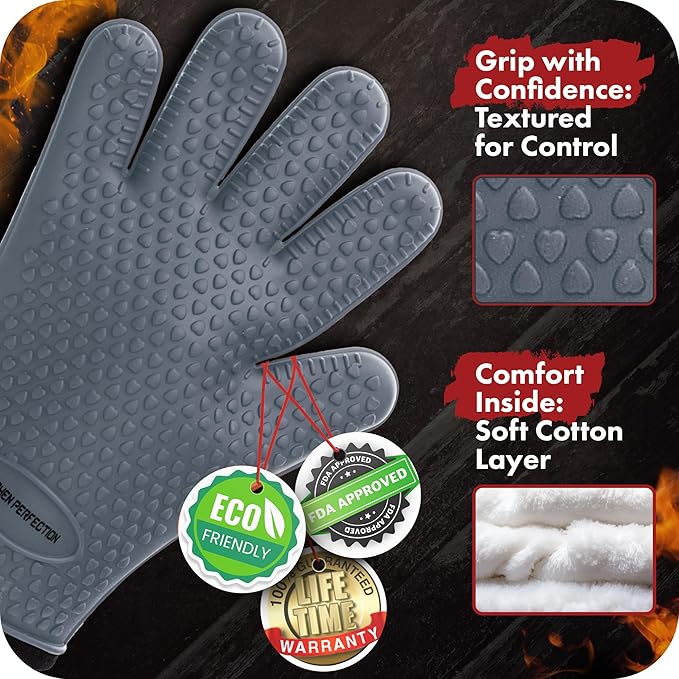 KITCHEN PERFECTION Silicone Smoker BBQ Gloves - Heat Resistant Oven Mitts | Made For Women, Waterproof, 5-Finger Design For A Better Grip, For Meat Smoking, Grilling, Cooking, Frying Turkey, Grill Gift