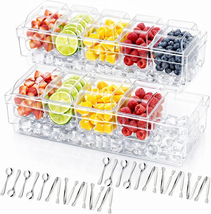 Lifewit Chilled Condiment Caddy with Stainless Steel Spoons & Tongs, 2 Pcs | Handle Design, BPA-free Condiment Server with 5 Removable Containers, Ice Garnish Tray for Taco, Mimosa & Dirty Soda Bar