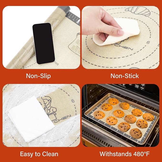 Extra Thick Silicone Mat for Baking Macaron, Bread, Pizza, Silicone Baking Mat with Measurement, Non Stick Pastry Mat for Dough Rolling Out, Heat Resistant to 480°F for Baker
