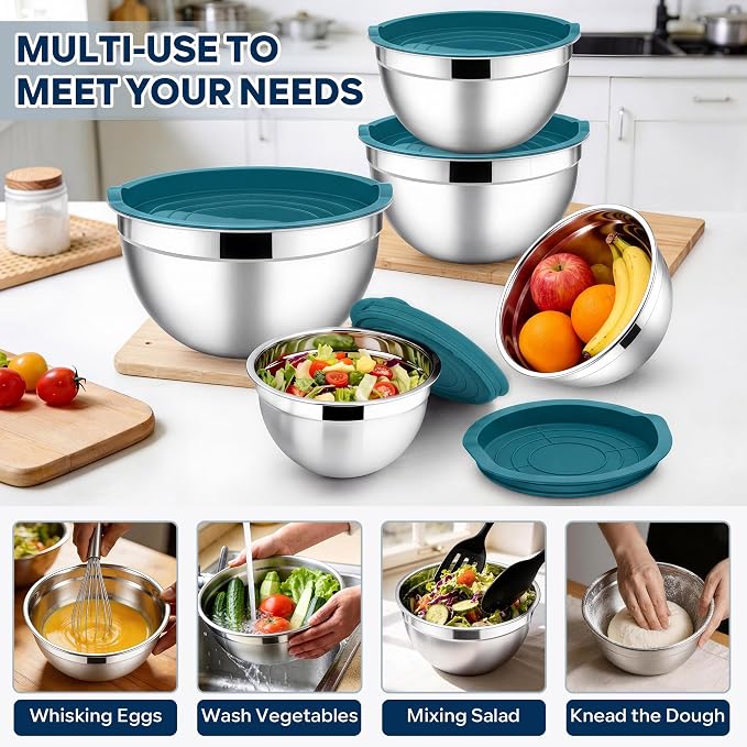 E-far Mixing Bowls with Lids Set, Stainless Steel Cooking Salad Bowls, Blue | 10-Piece Metal Nesting Bowls with Airtight Lid for Kitchen Storage, Baking & Prepping, Dishwasher Safe, 0.7/1.5/2.1/3/4.6 QT
