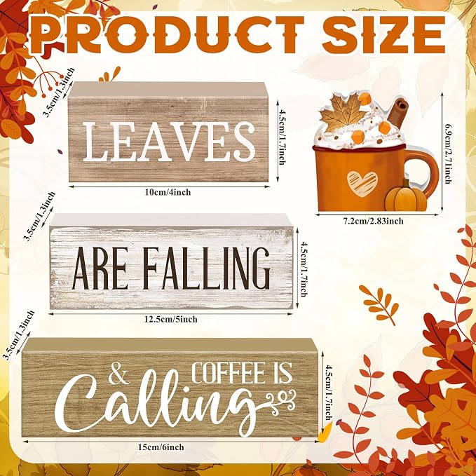 Lineshading 4 Pcs Fall Coffee Table Decor Wooden Pumpkin Latte Block Signs | Rustic Farmhouse Tiered Tray Decor, Thanksgiving Home Decorations, Pumpkin Mug Topper, Fall Coffee Bar Shelf Signs