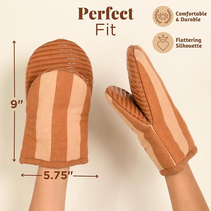 Folkulture Fall Oven Mitts, Brown, Set of 2, Heat Resistant - (5.75"x9") | 100% Cotton, Non Slip, Heat Resistant, Silicone, Cute Striped Mini Mits with Hanging Loop, Fall Kitchen Décor, Cooking Gifts