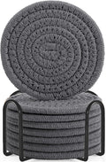 ABenkle 8 Pcs Drink Coasters with Holder, Cotton Woven Absorbent Coasters for Drinks, Minimalist Home Decor Coaster Set for Wooden Tabletop Protection Table, 4.3 inches Grey