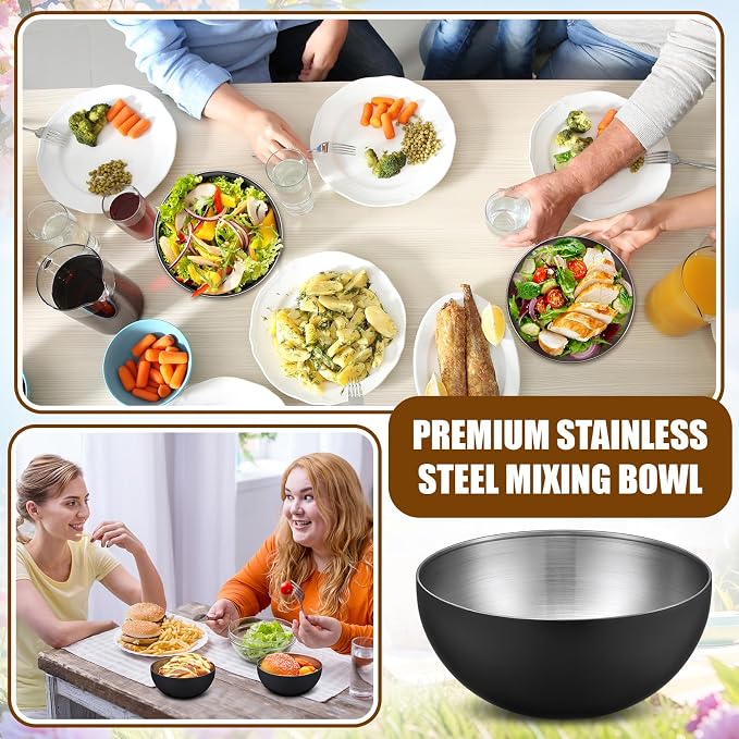 Nuogo 10 Pcs Black Bowls 5.9 Inch Stainless Steel Mixing Bowls Decorative Esthetician Bowl for Facial Metal Serving Bowl for Holiday Birthday Party Wedding Baking Prepping Salad Fruit Soup