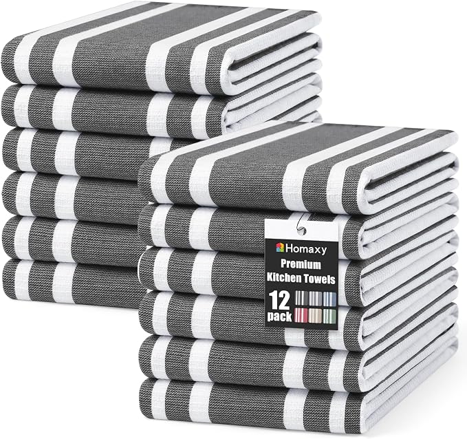 Homaxy Premium Cotton Stripe Kitchen Towels 12 Pack, 18"x 28", Black | Large 380 GSM Kitchen Hand Towels, Soft Terry Dish Towels, Highly Absorbent Tea Towel Set with Hanging Loop