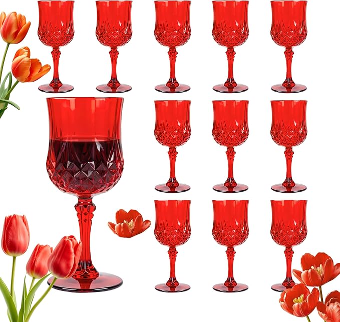 12Pack Plastic Wine Glasses, 7oz Vintage Goblets for Wedding | Unbreakable Crystal Style Reusable Stemware, Elegant Red Drinking Glass for Party Anniversary & Holiday Celebration