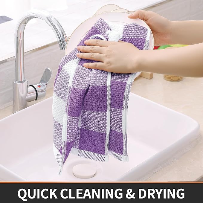 Homaxy Kitchen Towels and Dishcloths Set, Set of 8, White & Purple | Bulk Cotton Waffle Weave Check Plaid Kitchen Towels, Super Soft and Absorbent Dish Cloths, 12 x 12 and 13 x 28 Inches