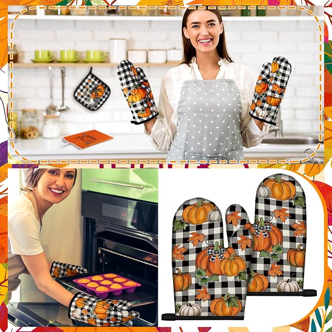 Fanfanwin 10 Pcs Fall Pumpkin Kitchen Decor and Accessories Set Pumpkin Kitchen Rugs Towels Pot Holders Oven Mitts Set for Autumn Baking Cooking BBQ Gift