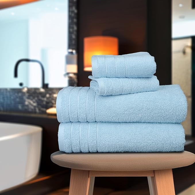 8 Piece Towel Set, 2 XL Bath, 2 Hand, 4 Washcloth, Sky Blue | 100% Cotton, Lighter Weight, Quicker to Dry, Super Absorbent, Perfect for Bathroom