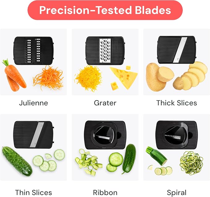 Fullstar Pro Mandoline Vegetable Slicer, Grater & Spiralizer with Container | 6 in 1 Fruit Cutter, Cheese Grater & Spiralizer with Safety Gloves, Stainless Steel Blades & Container (White)