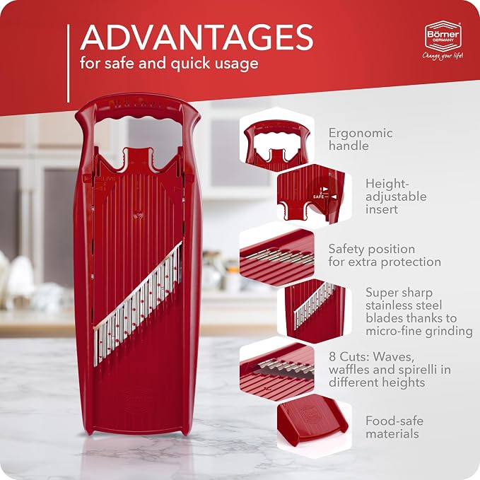 BORNER Wave waffle PowerLine | Vegetable Grater Börner - Quality Made in Germany, Color:Red