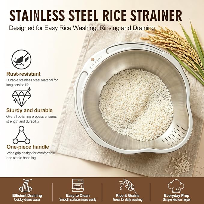 Palksky Rice Strainer & Rice Washing Bowl Stainless Steel - 5.6 Qt Professional Fine Mesh Rice Washer for Kitchen - Heavy Duty Rice Rinser, Cleaner & Drainer Colander for Quinoa, Grains & Fruit