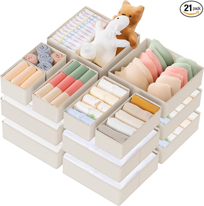 Drawer Organizer Clothes, 21 Pack Dresser Organizer for Baby Clothes, Underwear, Sock - Foldable Closet Organization and Storage Dividers Bins for Nursery, Bedroom (Oatmeal)