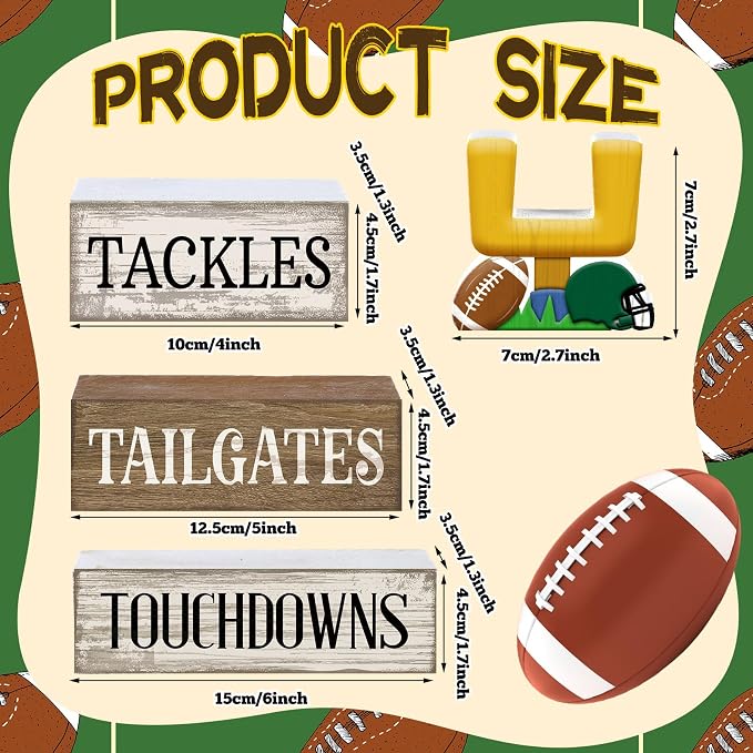 Lineshading 4 Pcs Fall Football Table Decor, Wood Block Sign Home Shelf | Football Table Centerpiece for Tiered Tray, Rustic Sport Game Wooden Block for Fans Club Tailgate Birthday Party Decor